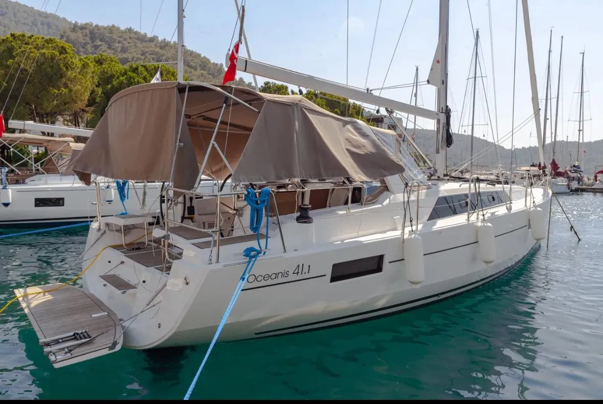 Exterior view of Sail Orion, a Beneteau Oceanis 41.1 sailboat at Marmaris, Turkey