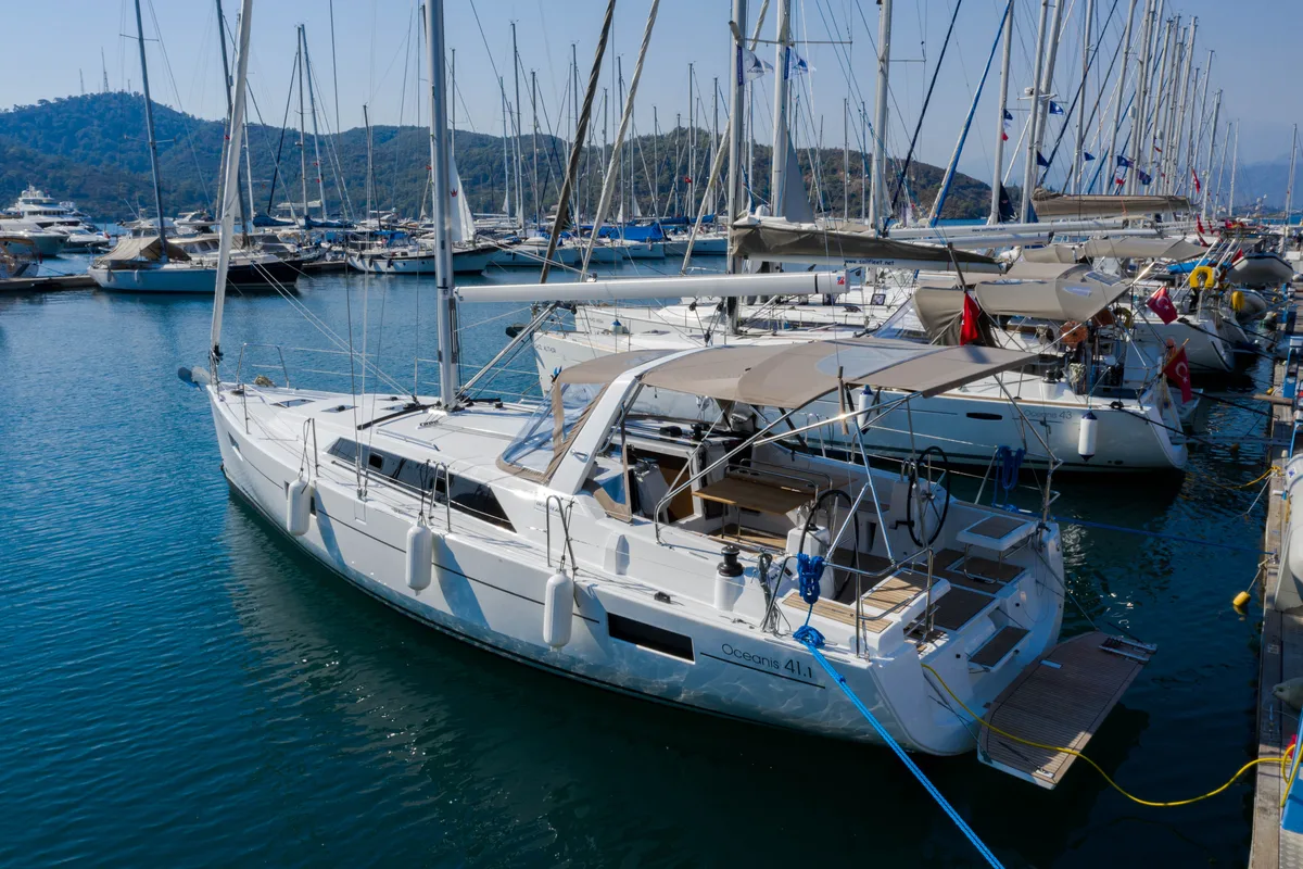Exterior view of Sail Orion, a Beneteau Oceanis 41.1 sailboat at Marmaris, Turkey