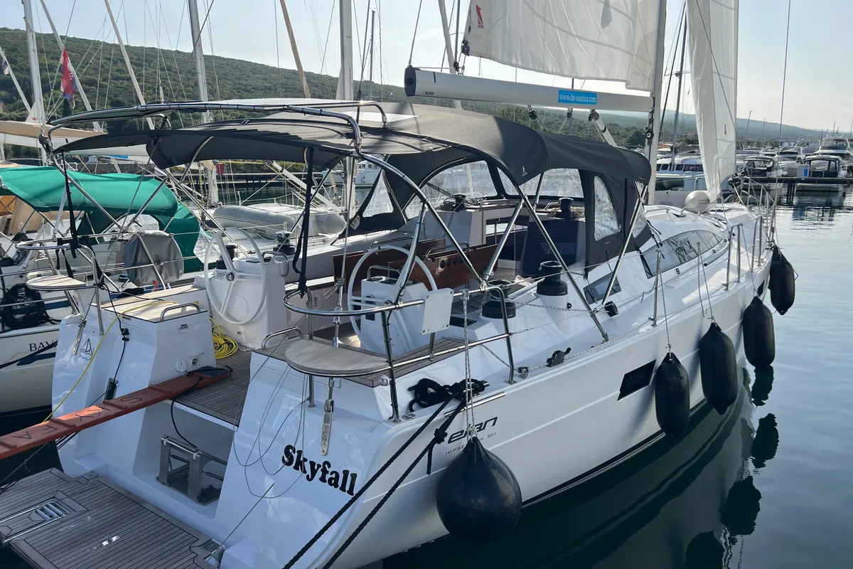 Exterior view of SkyFall, a Elan Impression 50.1 sailboat at Punat, Croatia