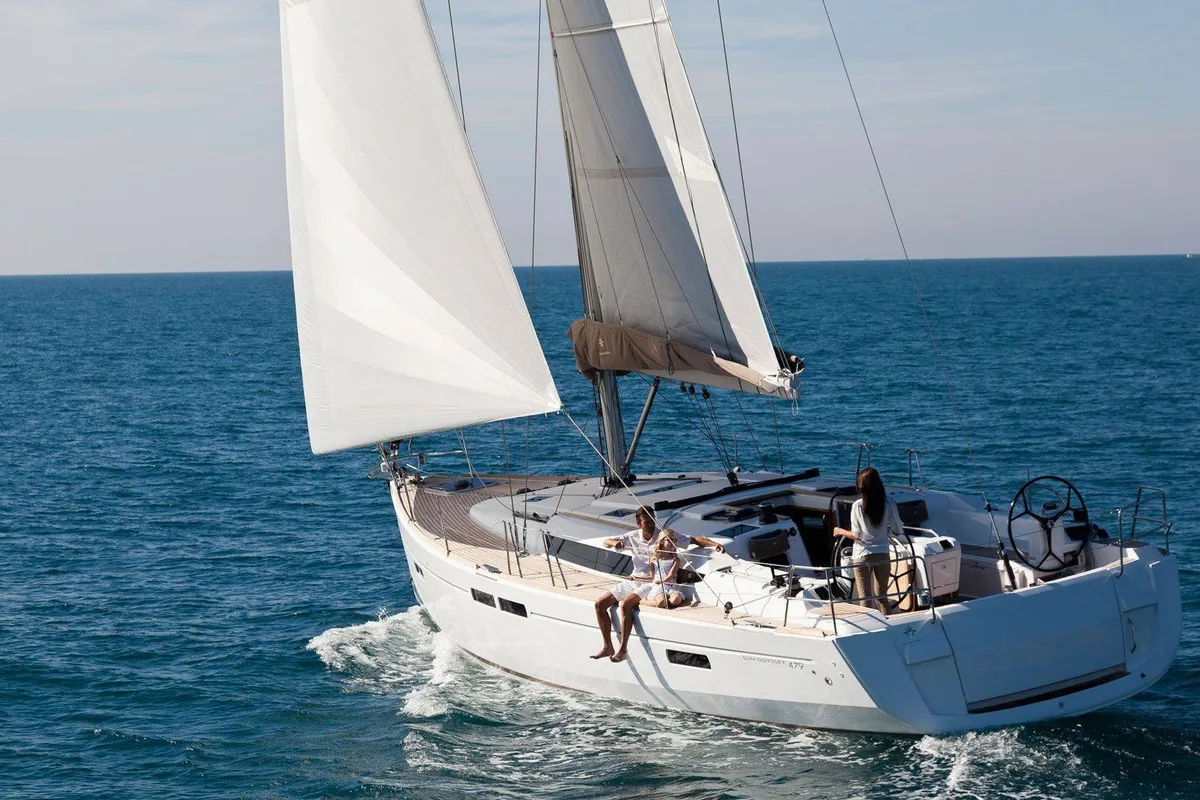 Exterior view of Horizon, a Jeanneau Sun Odyssey 479 sailboat at Palma de Mallorca, Spain