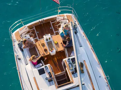 Salon of Horizon, a Jeanneau Sun Odyssey 479 sailboat at Palma de Mallorca, Spain
