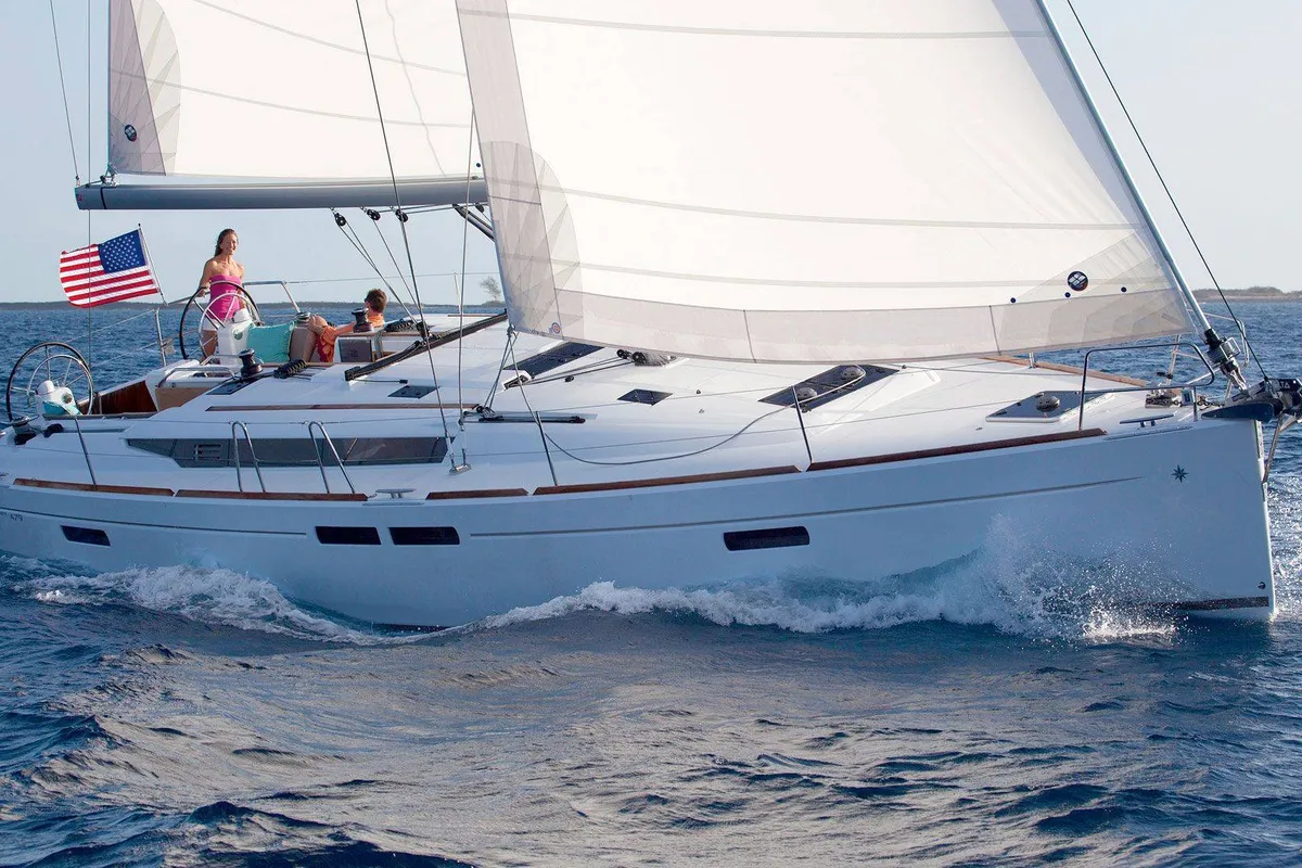 Exterior view of Horizon, a Jeanneau Sun Odyssey 479 sailboat at Palma de Mallorca, Spain
