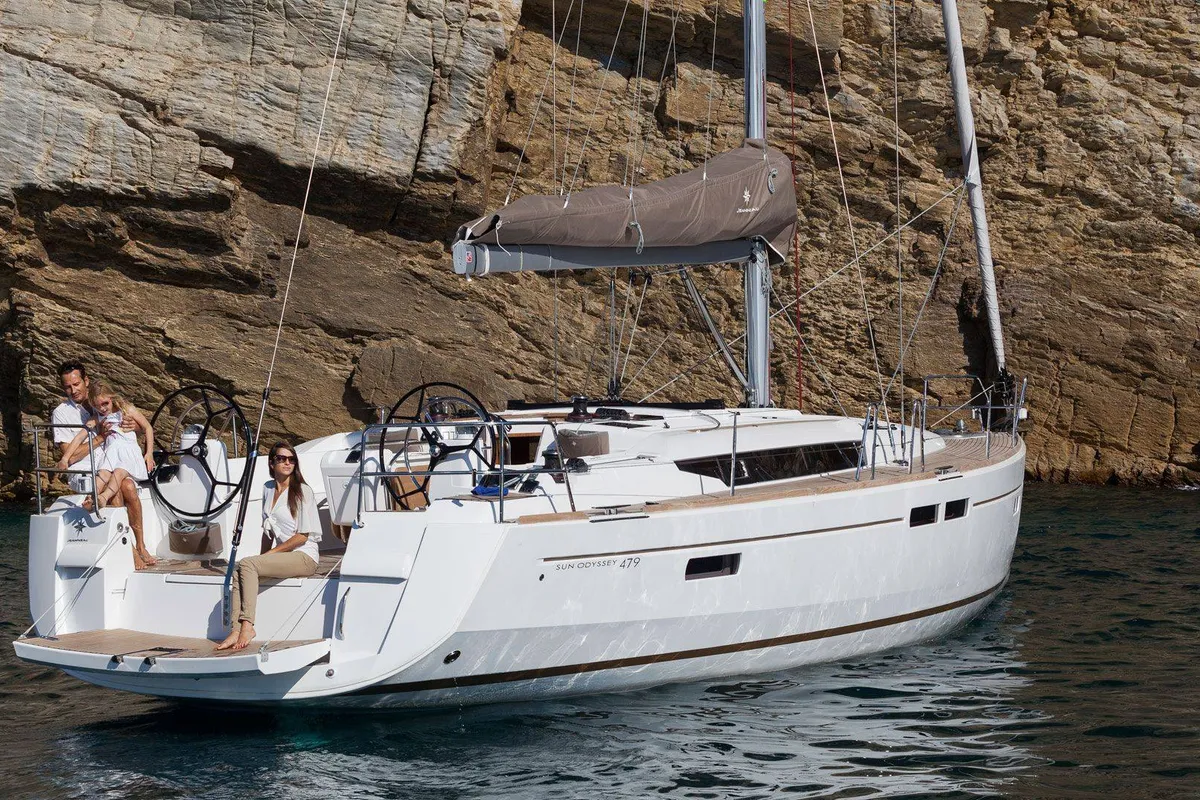 Exterior view of Horizon, a Jeanneau Sun Odyssey 479 sailboat at Palma de Mallorca, Spain