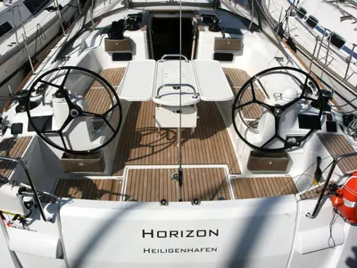Cockpit of Horizon, a Jeanneau Sun Odyssey 479 sailboat at Palma de Mallorca, Spain