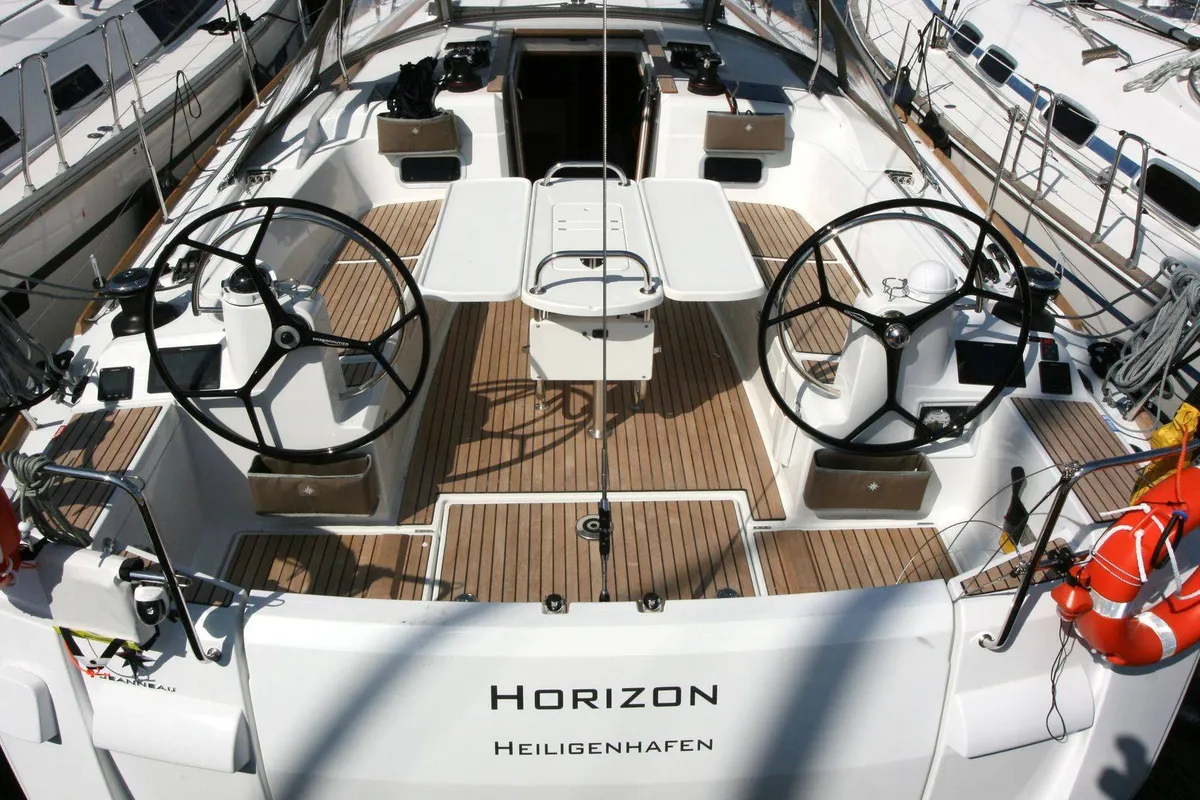 Cockpit of Horizon, a Jeanneau Sun Odyssey 479 sailboat at Palma de Mallorca, Spain