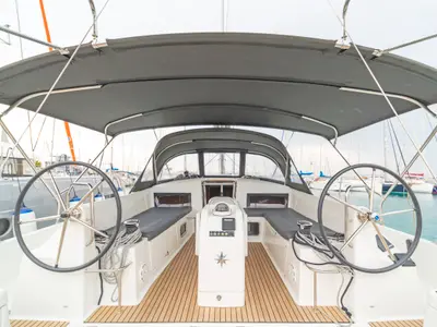 Cockpit of Mike Charlie, a Jeanneau Sun Odyssey 440 sailboat at Municipal Unit of Lefkada, Greece