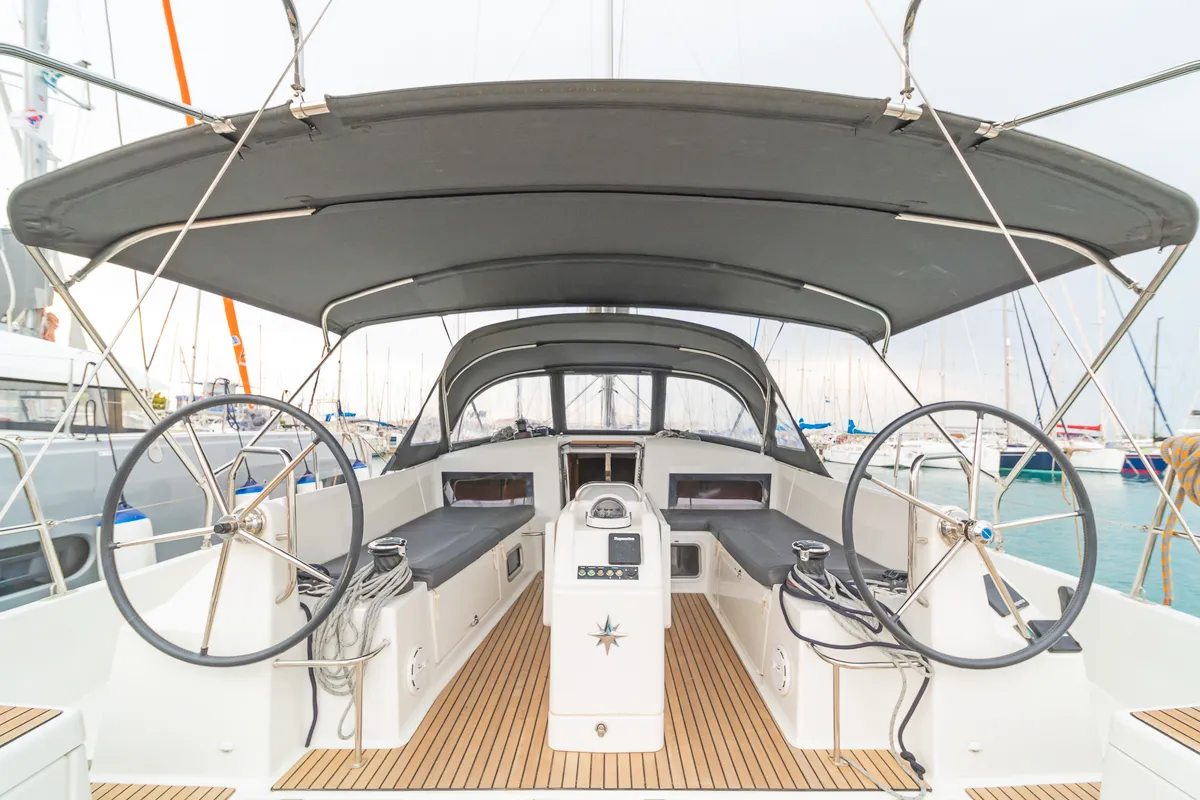 Cockpit of Mike Charlie, a Jeanneau Sun Odyssey 440 sailboat at Municipal Unit of Lefkada, Greece