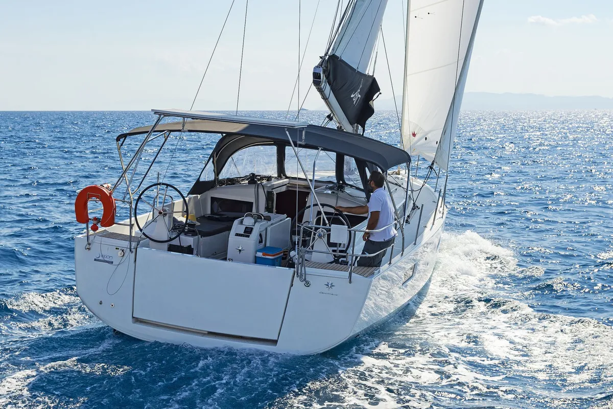 Exterior view of Mike Charlie, a Jeanneau Sun Odyssey 440 sailboat at Municipal Unit of Lefkada, Greece