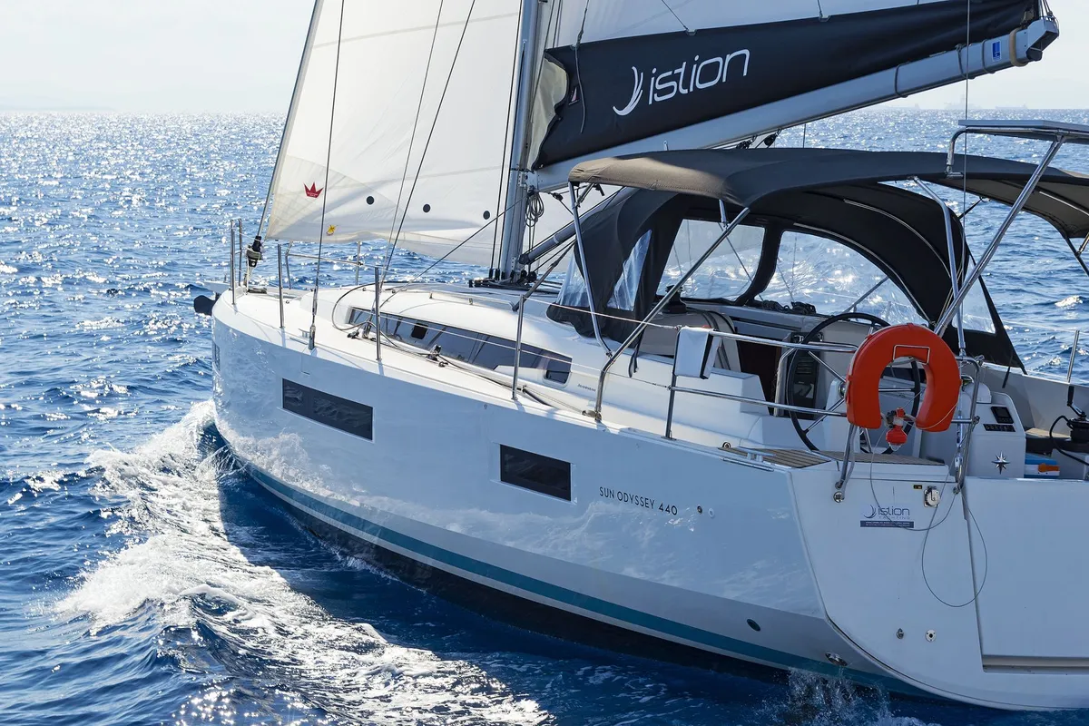 Exterior view of Mike Charlie, a Jeanneau Sun Odyssey 440 sailboat at Municipal Unit of Lefkada, Greece