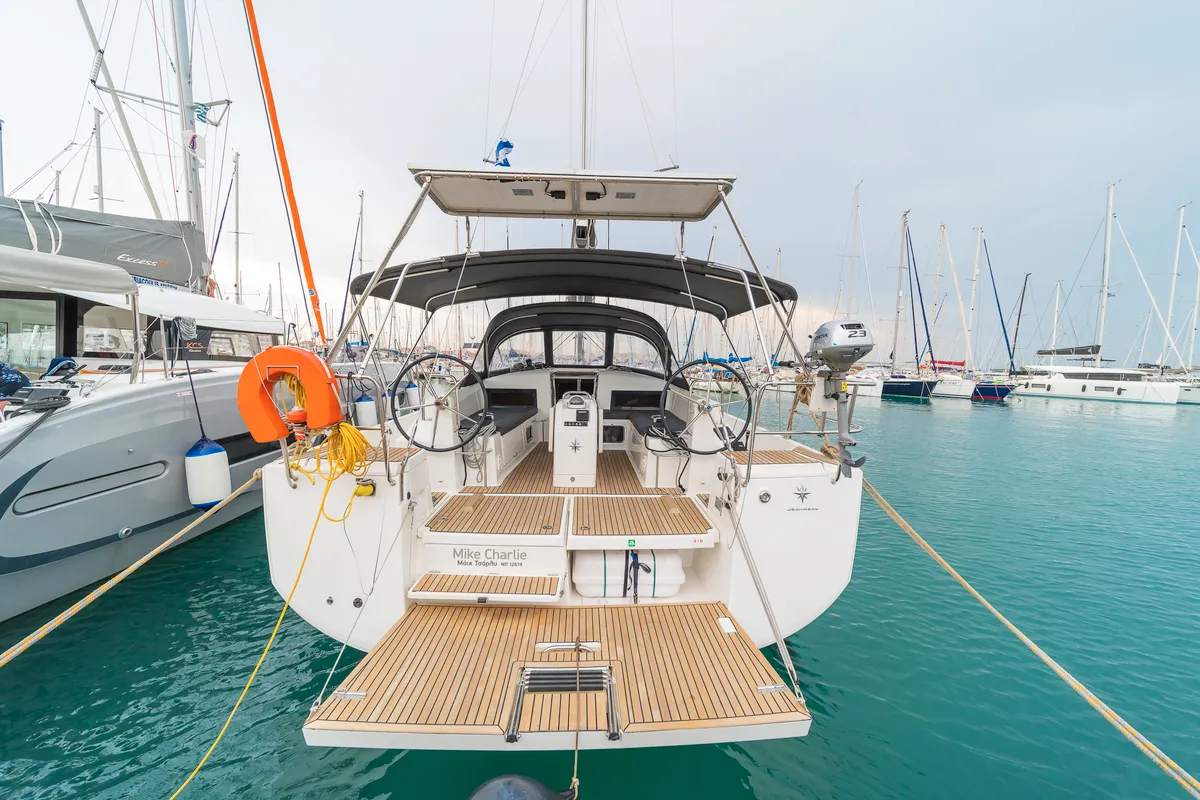 Deck of Mike Charlie, a Jeanneau Sun Odyssey 440 sailboat at Municipal Unit of Lefkada, Greece