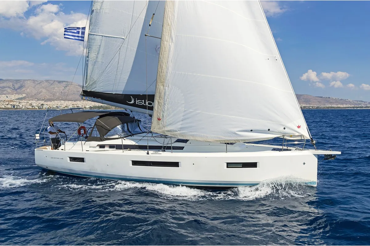 Exterior view of Mike Charlie, a Jeanneau Sun Odyssey 440 sailboat at Municipal Unit of Lefkada, Greece