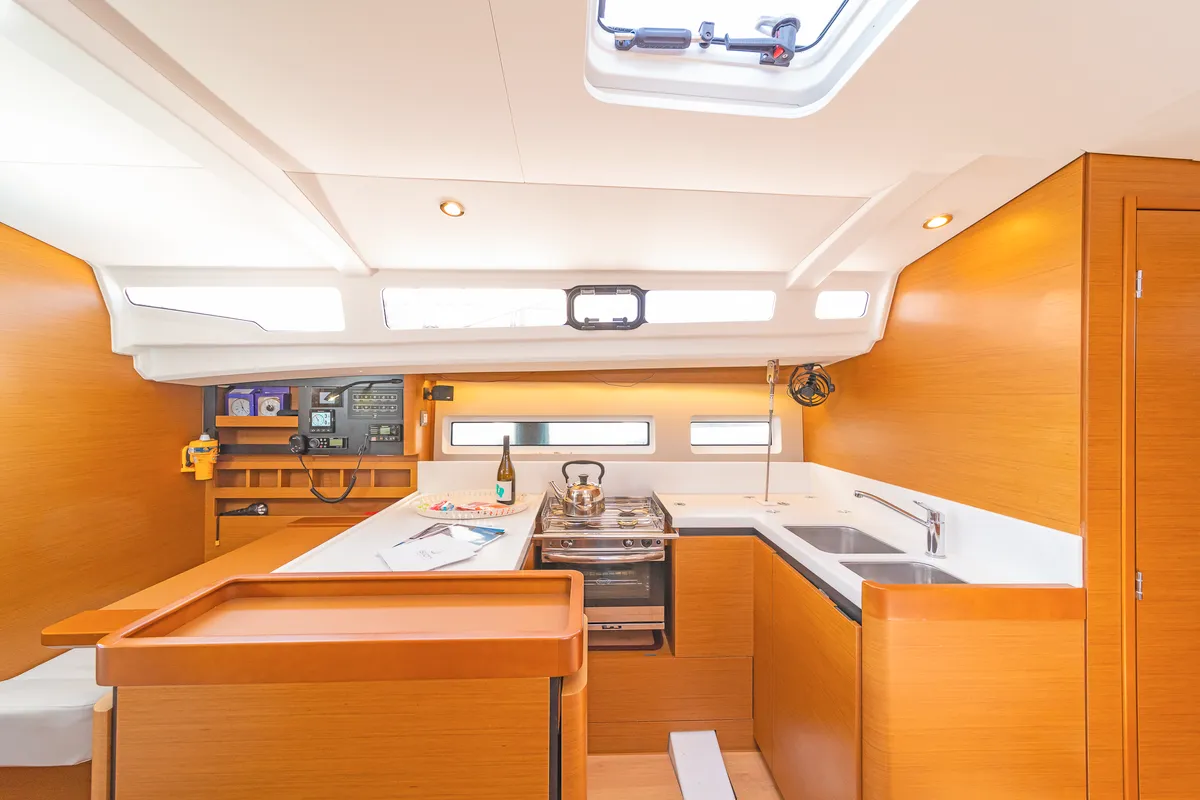 Galley of Mike Charlie, a Jeanneau Sun Odyssey 440 sailboat at Municipal Unit of Lefkada, Greece