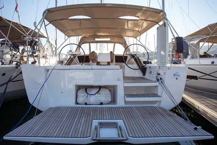 Exterior view of Tahiri, a Dufour 430 sailboat at Naples, Italy