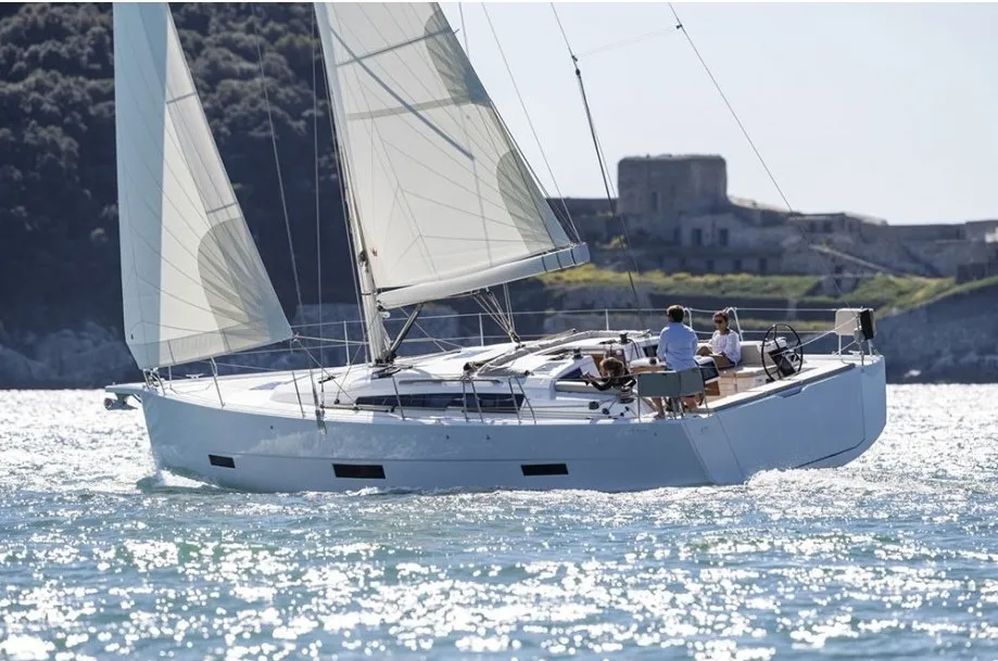 Exterior view of Tahiri, a Dufour 430 sailboat at Naples, Italy
