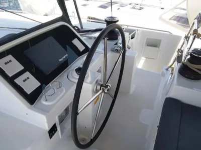 Cockpit of Grecostar, a Lagoon 450 Fly catamaran at Athens, Greece