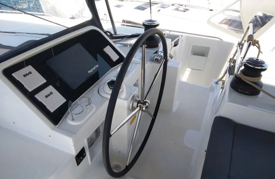 Cockpit of Grecostar, a Lagoon 450 Fly catamaran at Athens, Greece