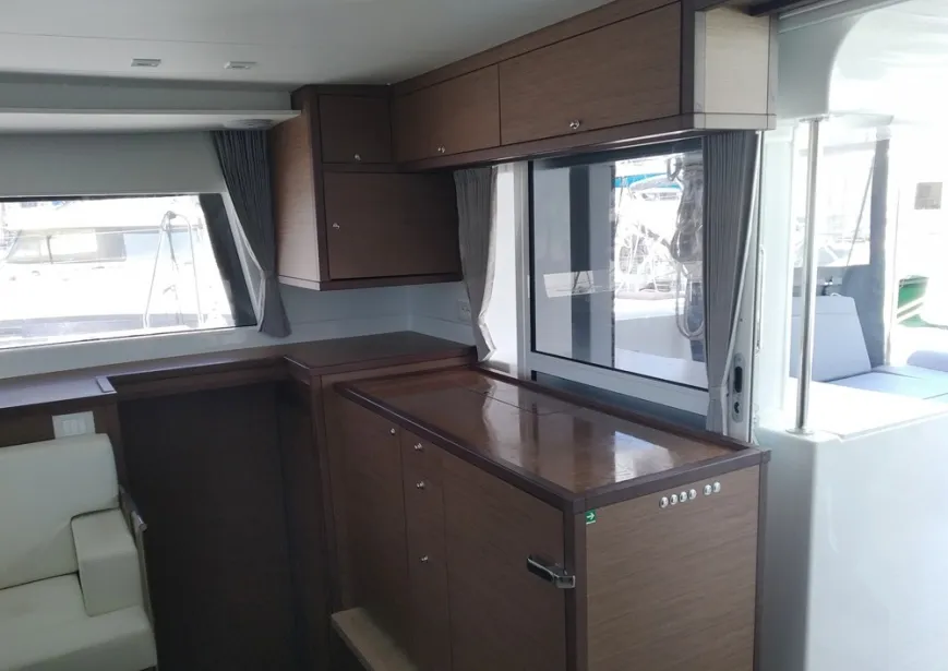 Salon of Grecostar, a Lagoon 450 Fly catamaran at Athens, Greece