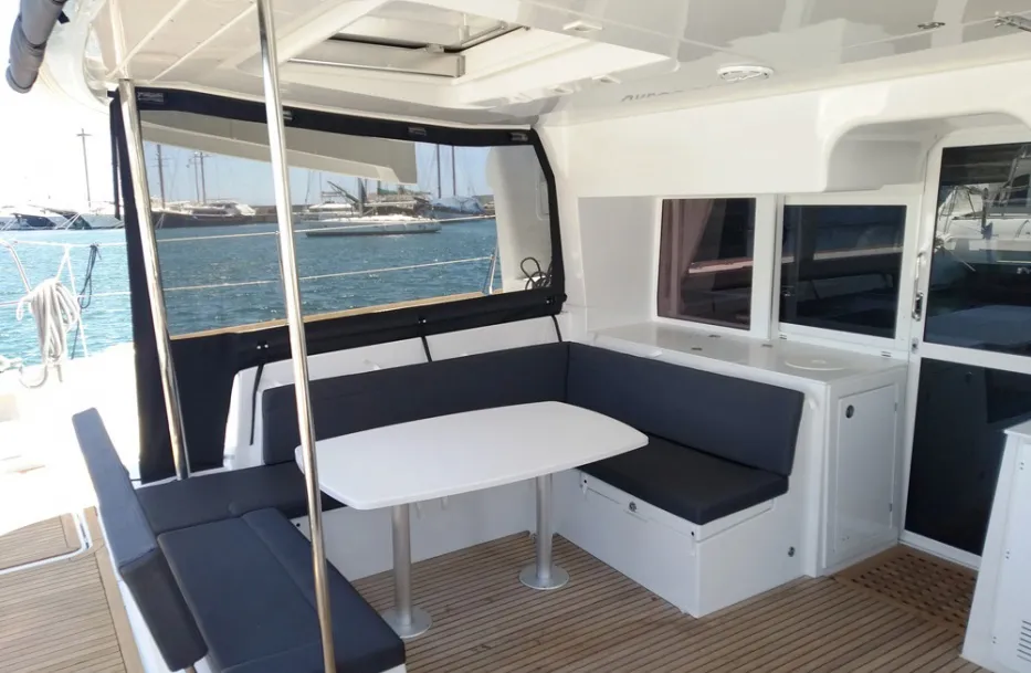 Deck of Grecostar, a Lagoon 450 Fly catamaran at Athens, Greece