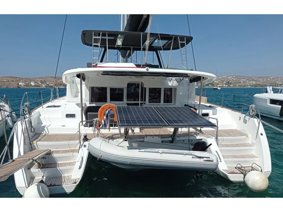 Exterior view of Grecostar, a Lagoon 450 Fly catamaran at Athens, Greece