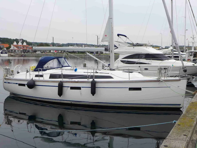 Exterior view of Blue Passion, a Bavaria Cruiser 37 sailboat at Altefähr, Germany