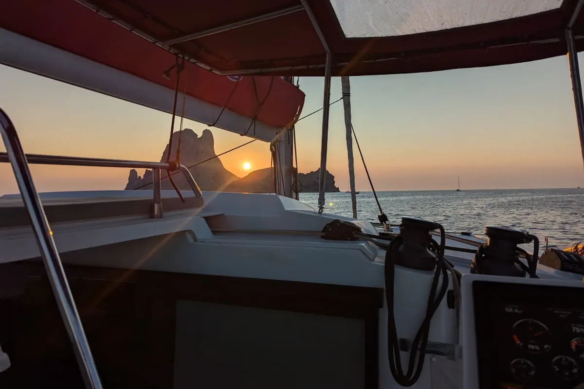 Libertad VII, a Fountaine Pajot Astréa 42 catamaran at Sant Antoni de Portmany, Spain