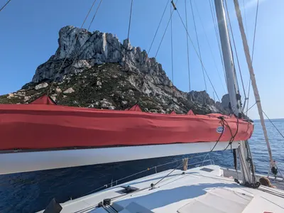 Libertad VII, a Fountaine Pajot Astréa 42 catamaran at Sant Antoni de Portmany, Spain