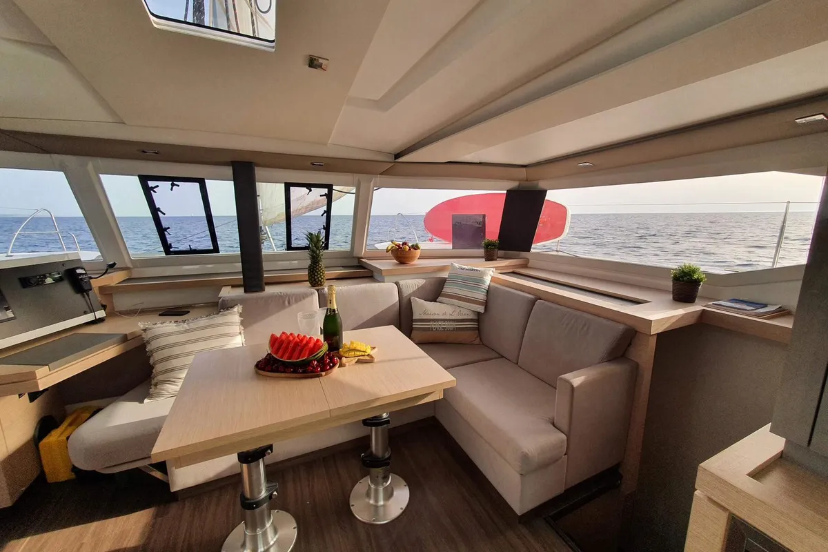 Libertad VII, a Fountaine Pajot Astréa 42 catamaran at Sant Antoni de Portmany, Spain