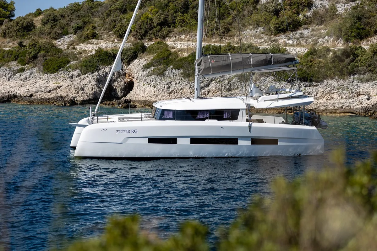 Exterior view of Cat, a Dufour 48 Catamaran catamaran at Primošten, Croatia
