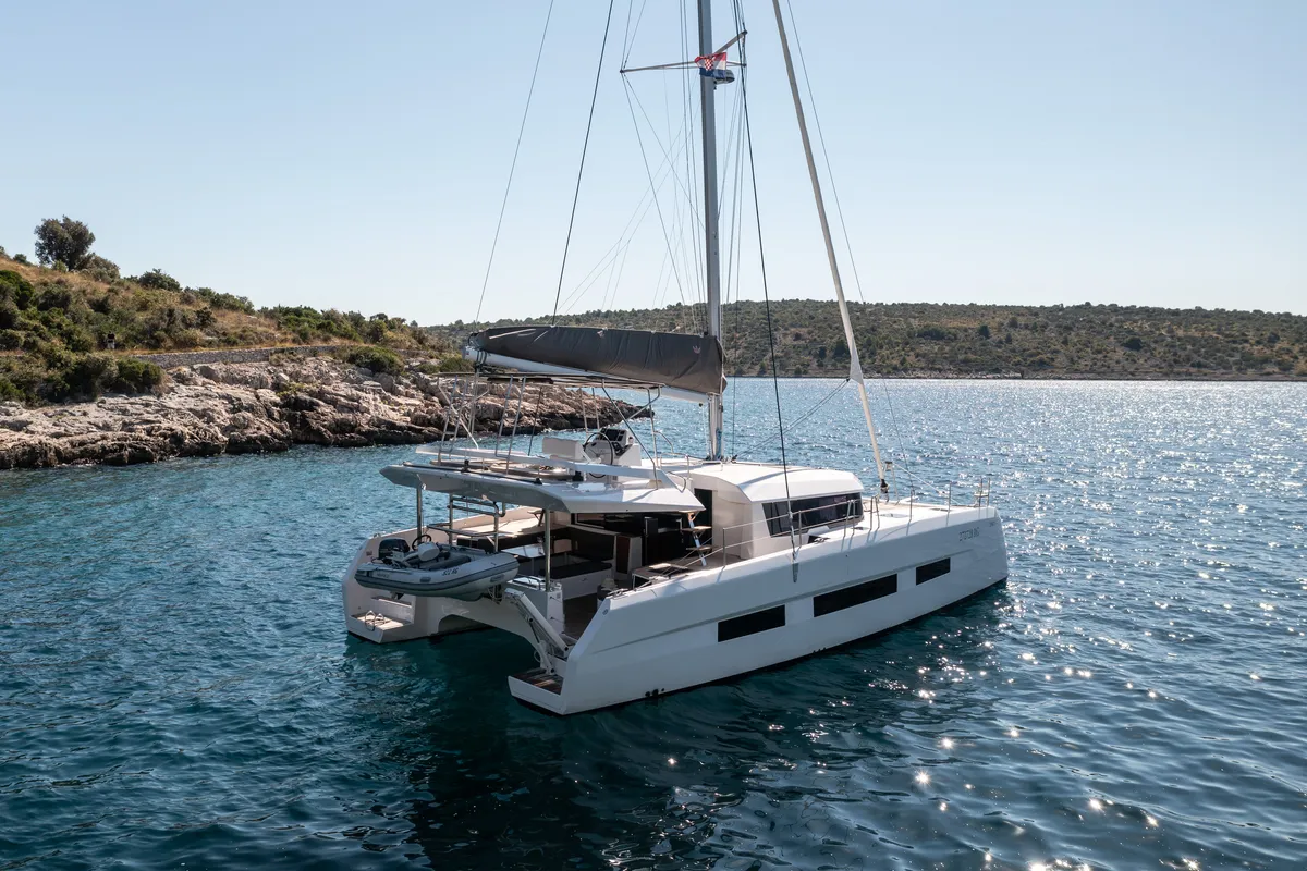 Exterior view of Cat, a Dufour 48 Catamaran catamaran at Primošten, Croatia
