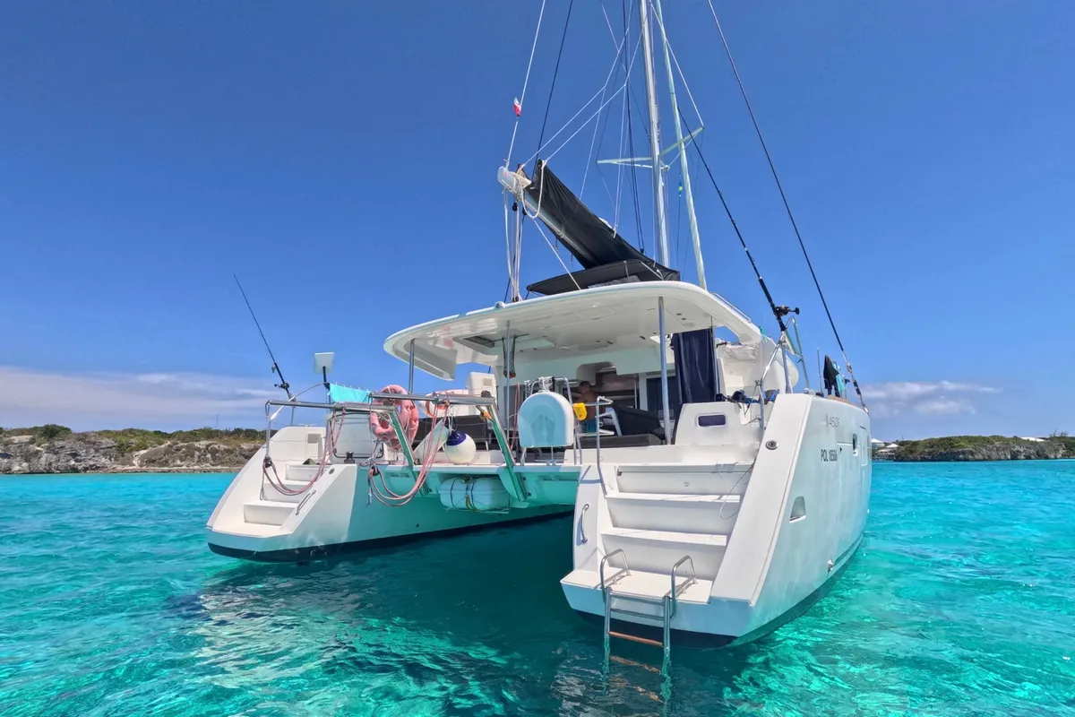 Exterior view of Emoseaon, a Lagoon 450 F catamaran at Municipal Unit of Lefkada, Greece