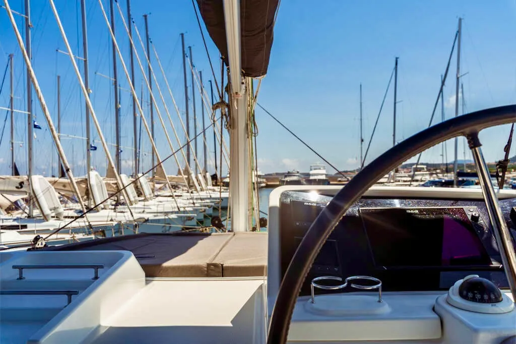 Cockpit of Emoseaon, a Lagoon 450 F catamaran at Municipal Unit of Lefkada, Greece
