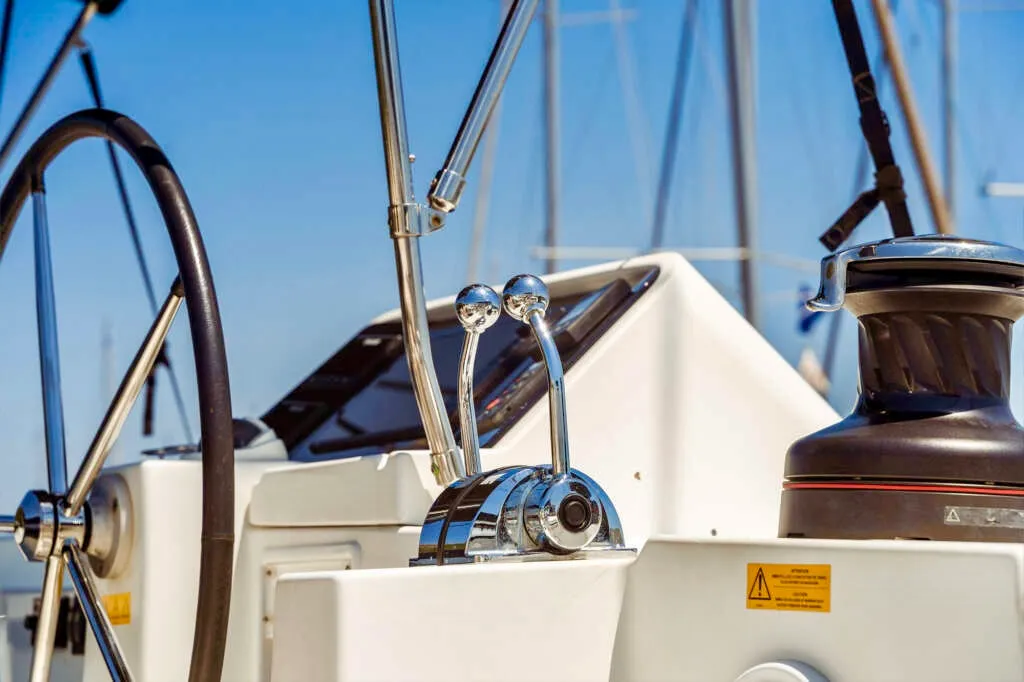 Cockpit of Emoseaon, a Lagoon 450 F catamaran at Municipal Unit of Lefkada, Greece