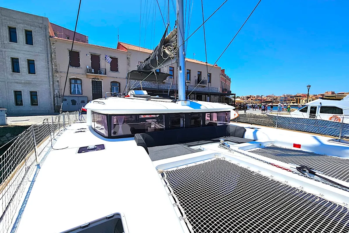 Exterior view of Emoseaon, a Lagoon 450 F catamaran at Municipal Unit of Lefkada, Greece