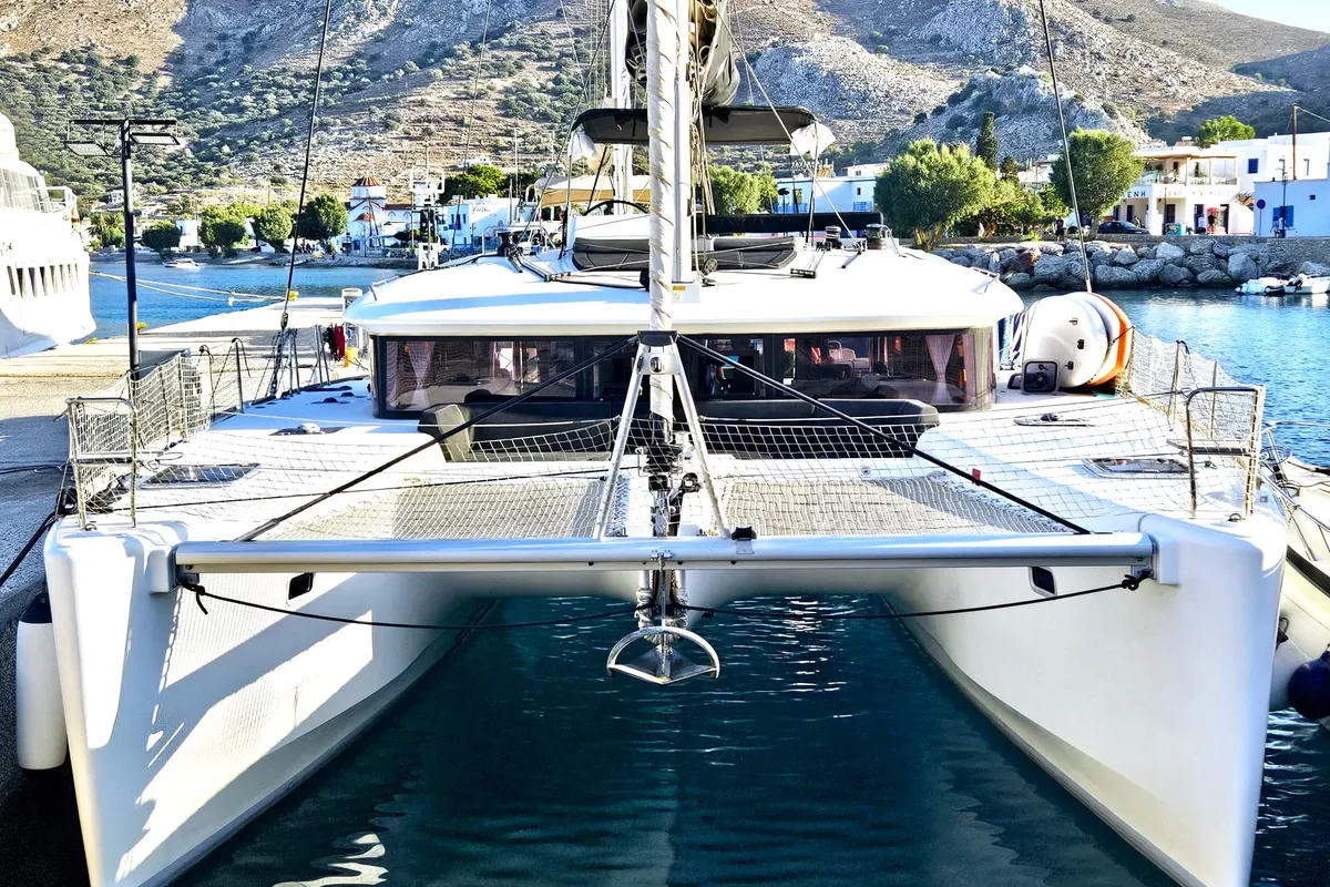 Exterior view of Emoseaon, a Lagoon 450 F catamaran at Municipal Unit of Lefkada, Greece