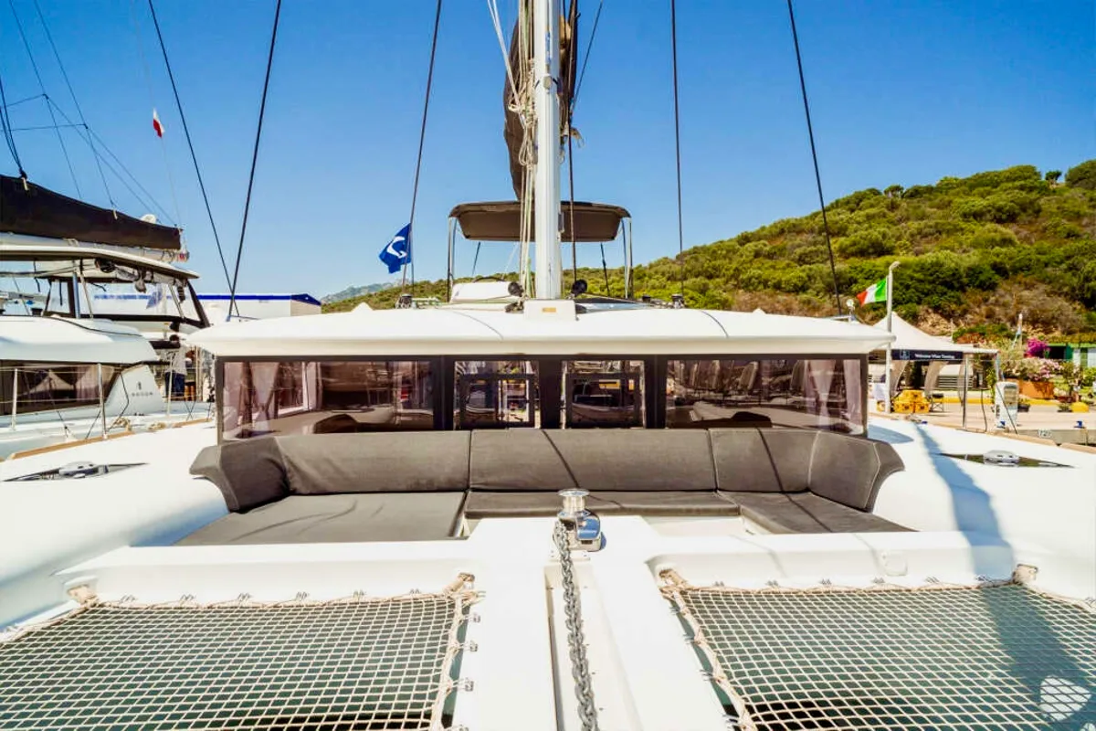 Exterior view of Emoseaon, a Lagoon 450 F catamaran at Municipal Unit of Lefkada, Greece