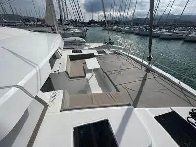 Deck of Blue Diamond, a Bali 4.4 catamaran at Municipal Unit of Lefkada, Greece