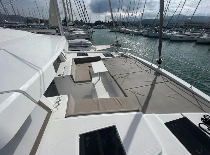 Deck of Blue Diamond, a Bali 4.4 catamaran at Municipal Unit of Lefkada, Greece