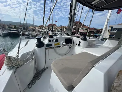 Cockpit of Blue Diamond, a Bali 4.4 catamaran at Municipal Unit of Lefkada, Greece
