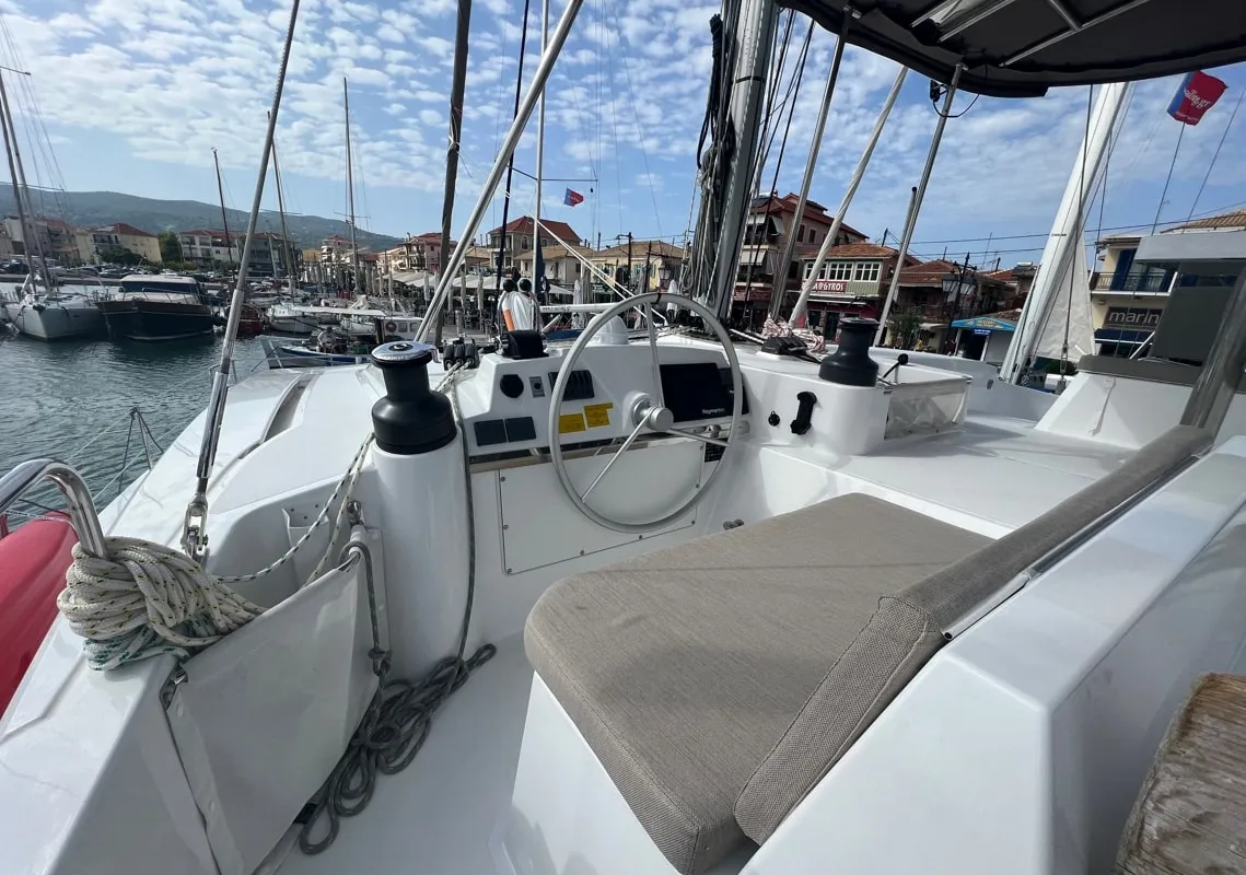 Cockpit of Blue Diamond, a Bali 4.4 catamaran at Municipal Unit of Lefkada, Greece