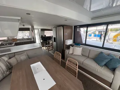 Salon of Blue Diamond, a Bali 4.4 catamaran at Municipal Unit of Lefkada, Greece