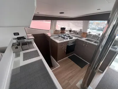 Galley of Blue Diamond, a Bali 4.4 catamaran at Municipal Unit of Lefkada, Greece