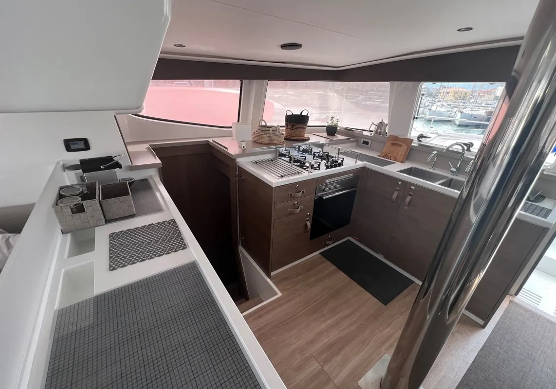 Galley of Blue Diamond, a Bali 4.4 catamaran at Municipal Unit of Lefkada, Greece