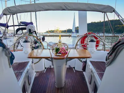 Cockpit of Cassiopea, a Jeanneau Sun Odyssey 42 i sailboat at Fezzano, Italy