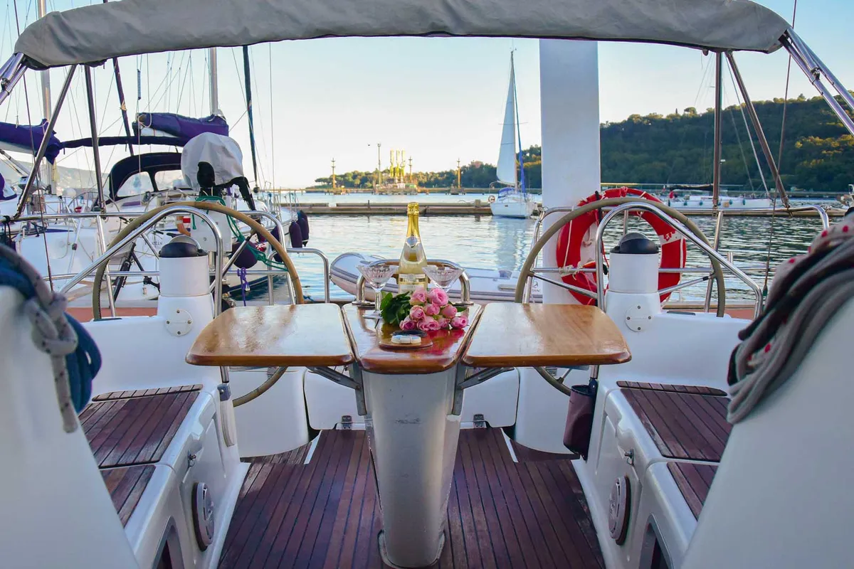 Cockpit of Cassiopea, a Jeanneau Sun Odyssey 42 i sailboat at Fezzano, Italy