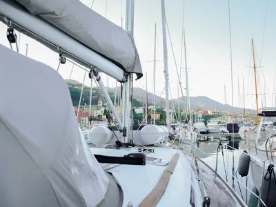 Deck of Cassiopea, a Jeanneau Sun Odyssey 42 i sailboat at Fezzano, Italy