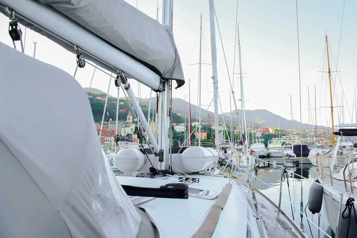 Deck of Cassiopea, a Jeanneau Sun Odyssey 42 i sailboat at Fezzano, Italy