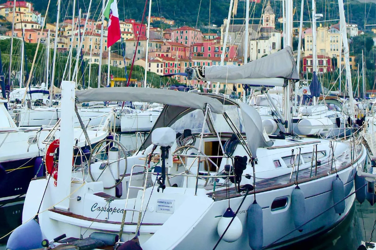 Exterior view of Cassiopea, a Jeanneau Sun Odyssey 42 i sailboat at Fezzano, Italy