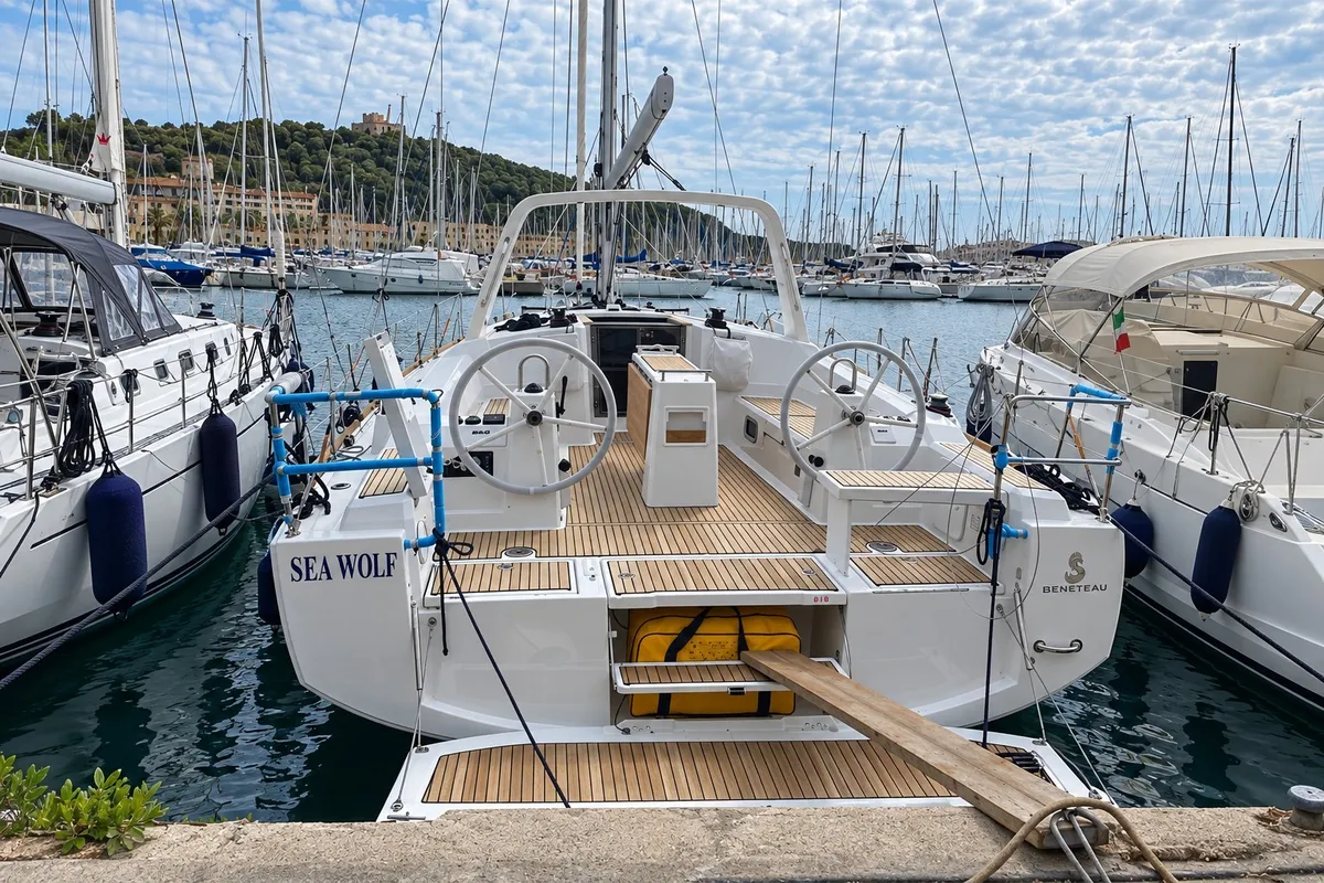 Exterior view of Sea Wolf, a Beneteau Oceanis 38.1 sailboat at Punta Ala, Italy