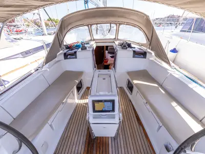 Cockpit of Una Bella Ria, a Jeanneau Sun Odyssey 449 sailboat at Izola / Isola, Slovenia