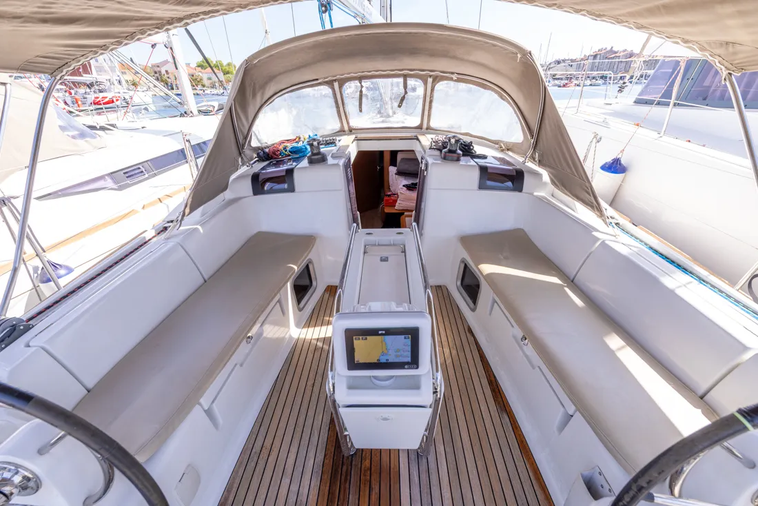 Cockpit of Una Bella Ria, a Jeanneau Sun Odyssey 449 sailboat at Izola / Isola, Slovenia